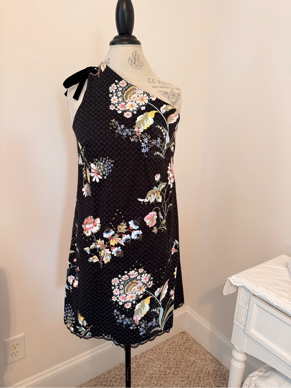 Maeve Black Floral One-Shoulder Tie-Strap Dress